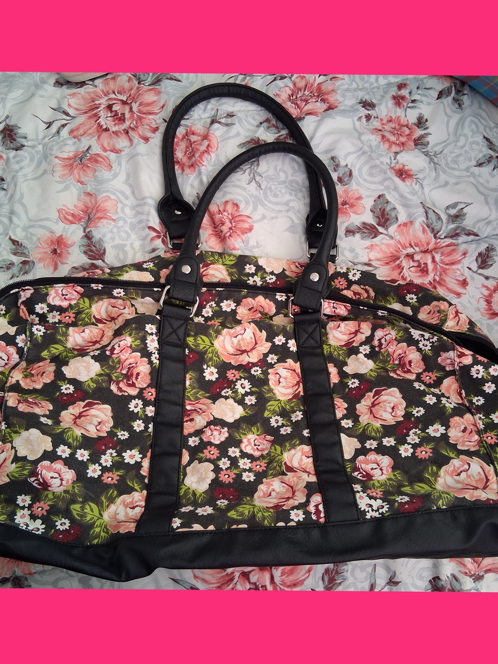 Floral Travel Tote Bag with Black Trim - Pink Rose Print